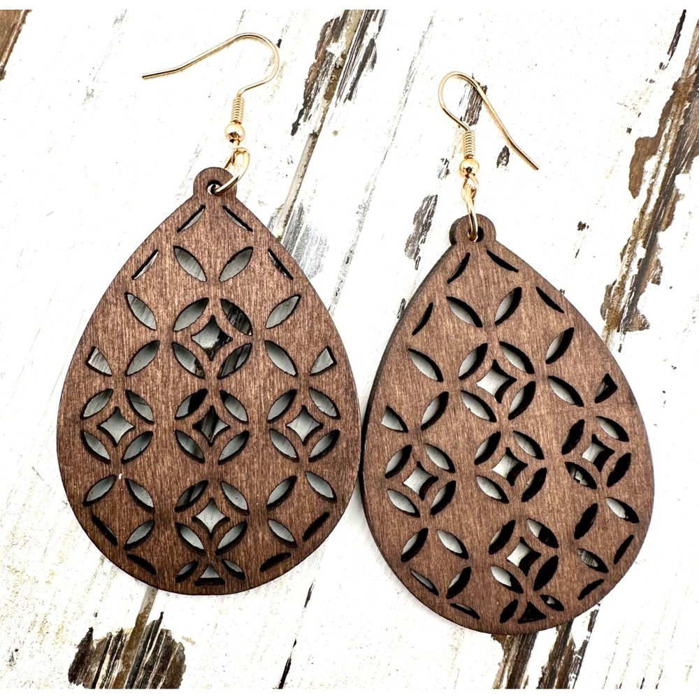 Folklore Teardrop Earrings Walnut Stained Laser Cut Wood NEW